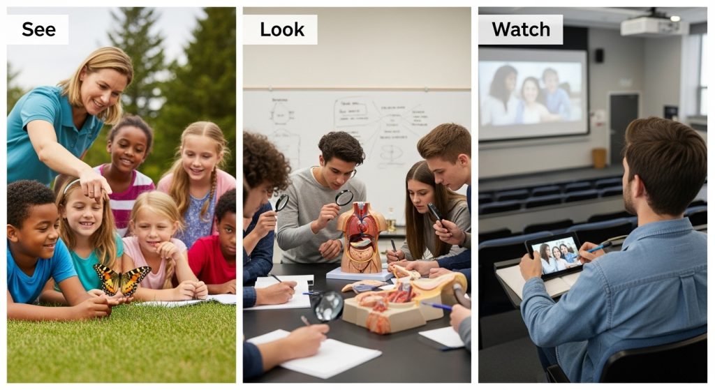 Diferencia entre see, look, watch en inglés