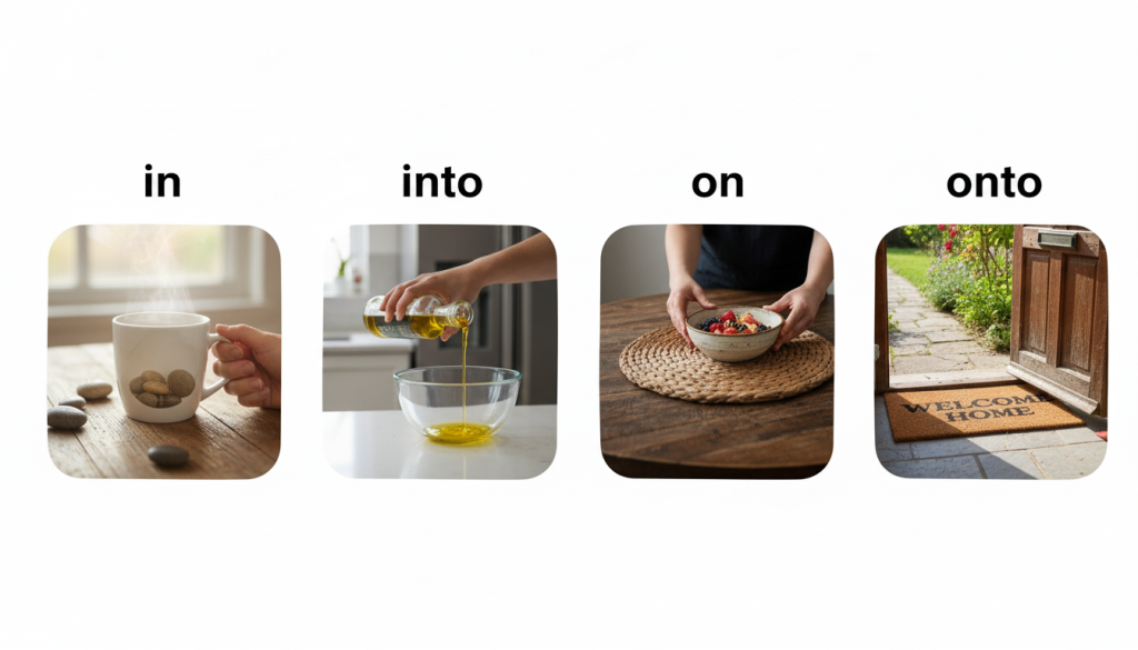 Preposiciones in, into, on y onto en inglés con reglas claras, ejemplos y 50 ejercicios con respuestas.